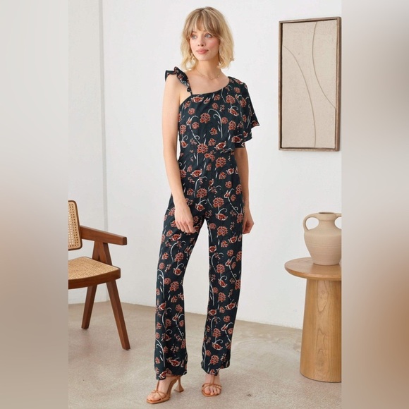 NWT-Floral Short Ruffle Sleeve Ruffle Strap Wide Leg Side Zipper Jumpsuit - Picture 2 of 7